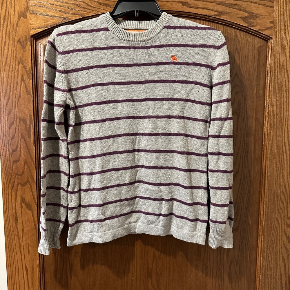 Abercrombie Kids XL Gray Purple Striped Crew Neck Sweater‎ Orange Moose Logo